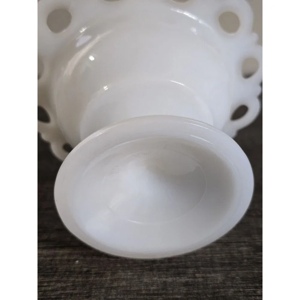 Vintage Anchor Hocking Lace Edge Milk Glass Footed Compote Dish “Old Colony” MCM